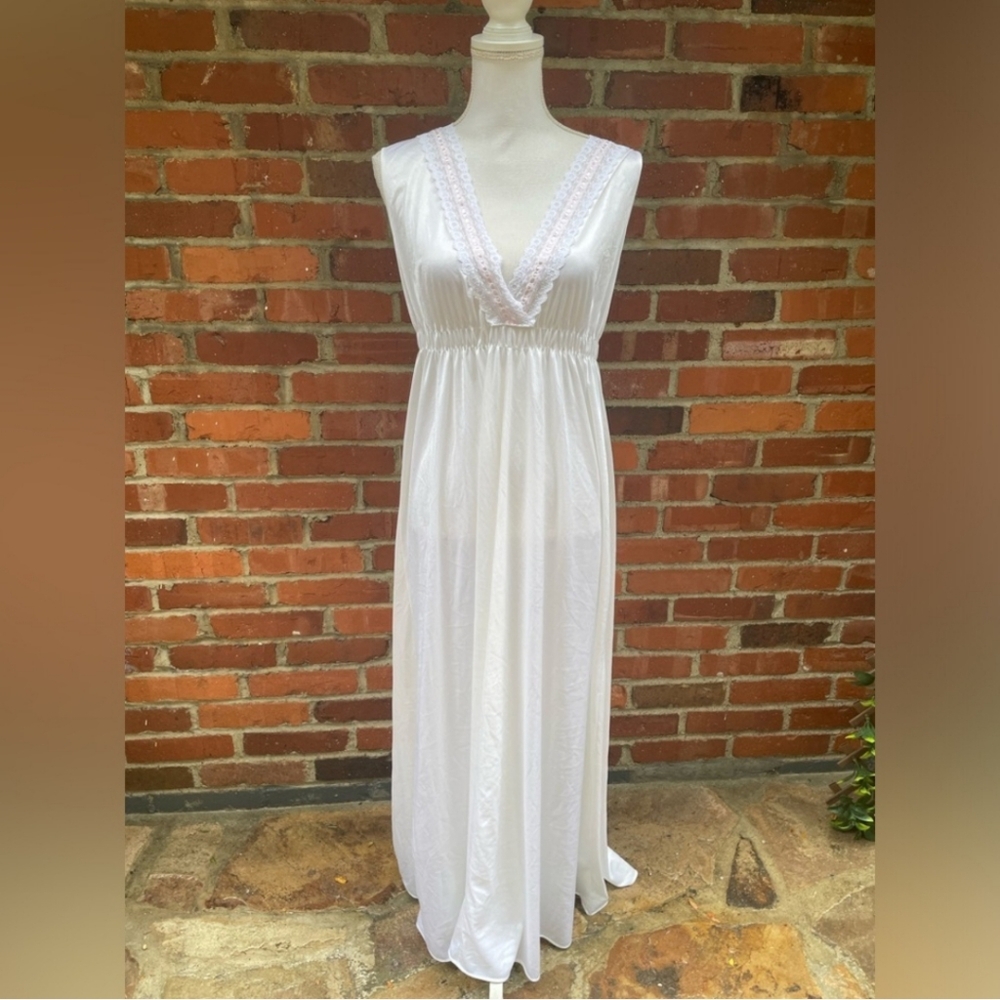 Vintage 60's White Nylon Maxi Night Gown W/Pink Ribboned Lace Trimmed Deep V (L)